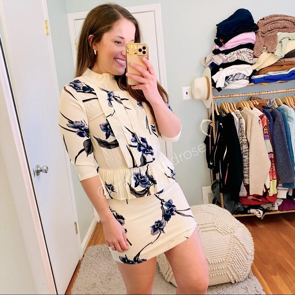 GANNI Ivory Flash Dark Floral Pleated Front High Neck Elbow Length Mini Dress XS
